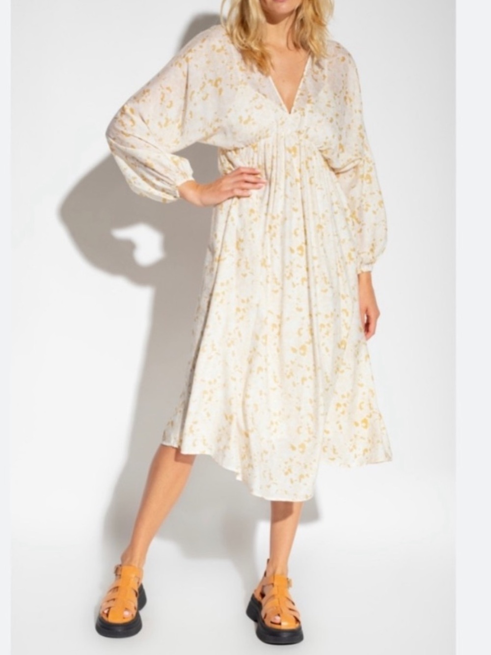 SAMSØE SAMSØE Women’s Beige Ivory GERTRUD Midi Dress Desert Flower V-Neck Sz S